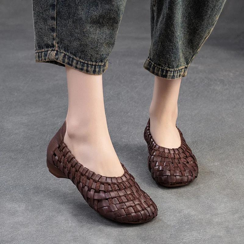 Fashion 2CM New Ethnic Handmade Weave Genuine Leather Oxfords Soft Soled Comfy Elegance Fashion Spring Summer Women Slip On Ladies Shoes