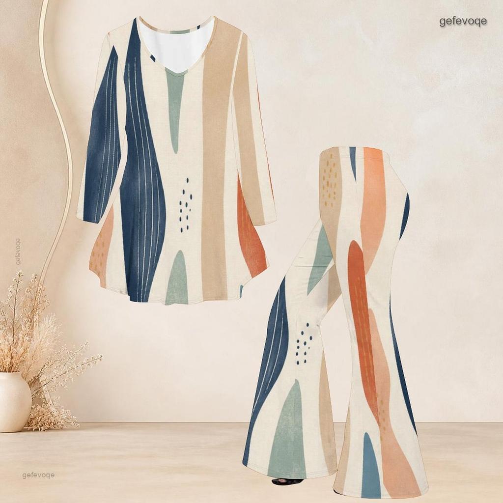 Women Plus Size Printed V Neck Three Quarter Sleeve Flared Top And Flared Pants Two Piece Set