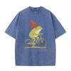 Funny Frog Bicycle Print Vintage Washed Gray Casual Streetwear T Shirt