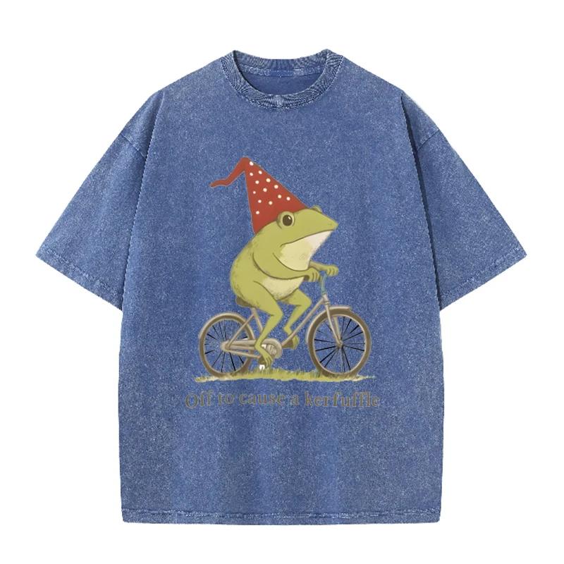 Funny Frog Bicycle Print Vintage Washed Gray Casual Streetwear T Shirt