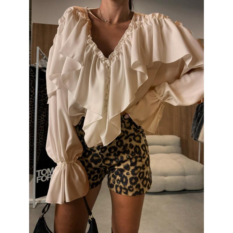 QICED Bluzki i koszule damskie w swobodnym, jednolitym kolorze, z nadrukiem i długim rękawem, z dekoltem w serek