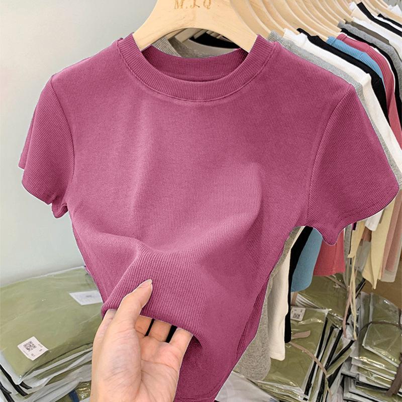 

Летний топ, сексуальная футболка, женская футболка в корейском стиле, женская одежда, тонкая футболка, женские узкие топы с короткими рукавами 2XL ярко-розовый