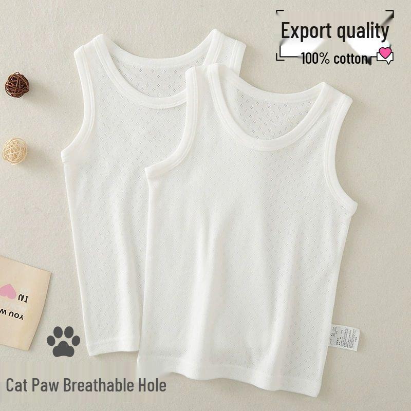 Unisex Japanese Pure Cotton Children's Sleeveless Vest - Solid Color Mesh Base Layer