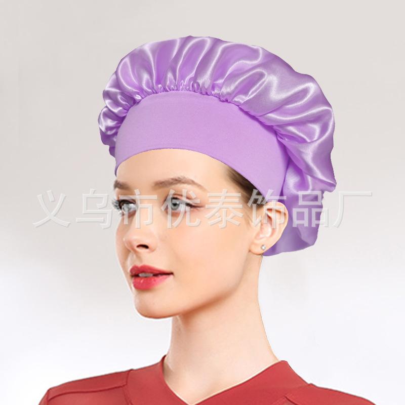 Solid color wide edge high elastic adult nightcap men's and women's fashion hair care beauty shower cap satin