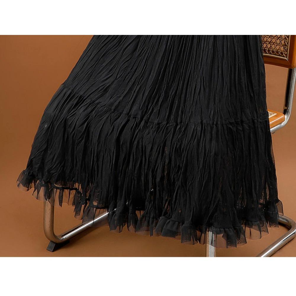 DIMANAF 2026 Summer Women New Skirts Solid Elastic Waist Pleated Mesh Elegant Skirts Yellow