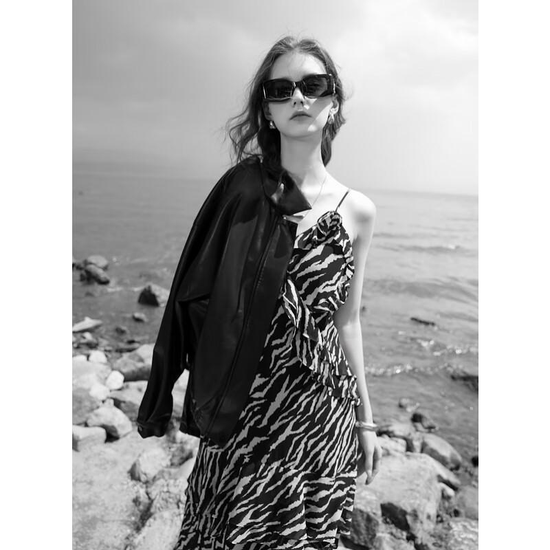 

Sancai Women s Zebra Print Ruffle A-Line Camisole Vacation Dress M