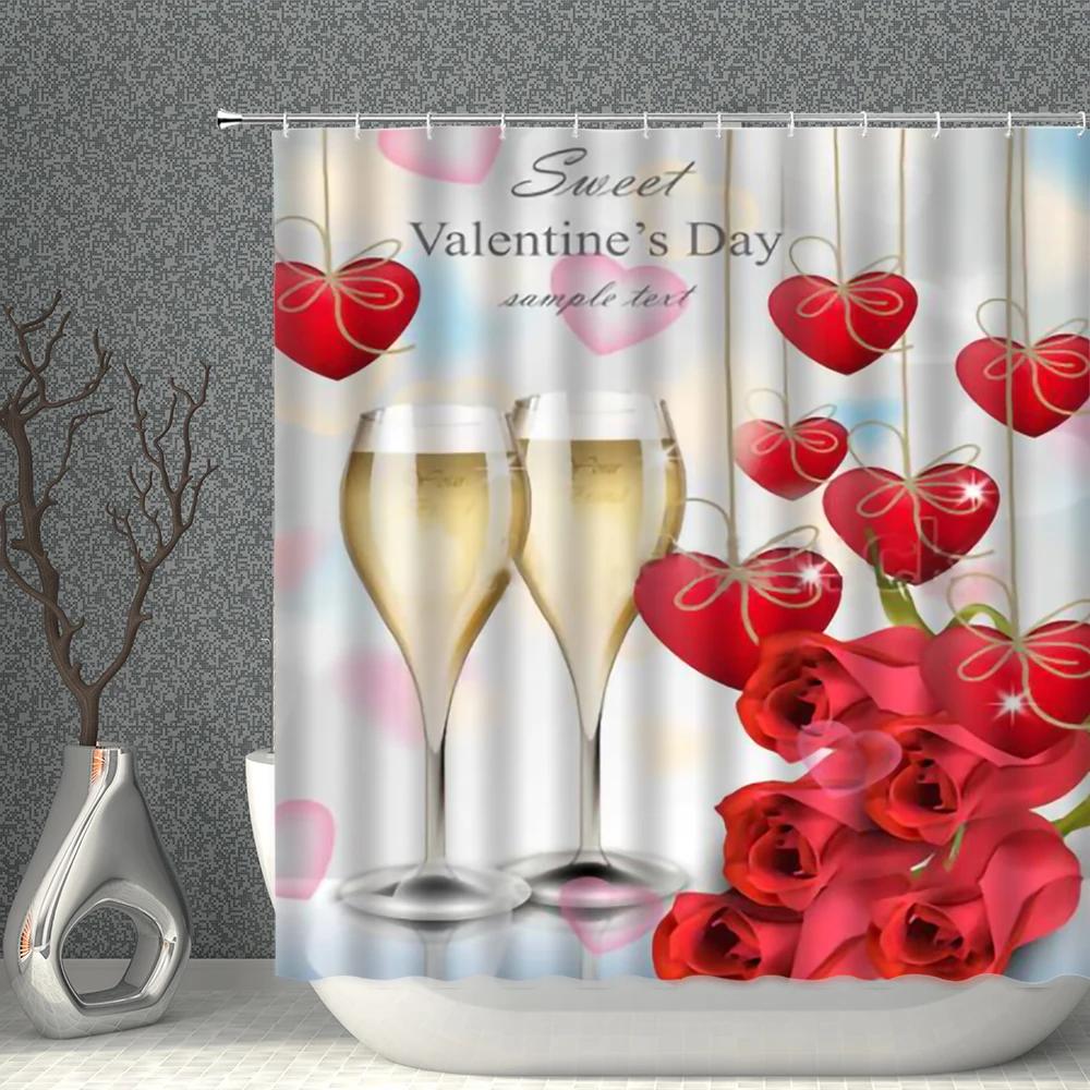 Love Shower Curtain Romantic Lover Rose Flower Piano Balloon Petal Bicycle Print Pattern Washable Household Decoration With Hook