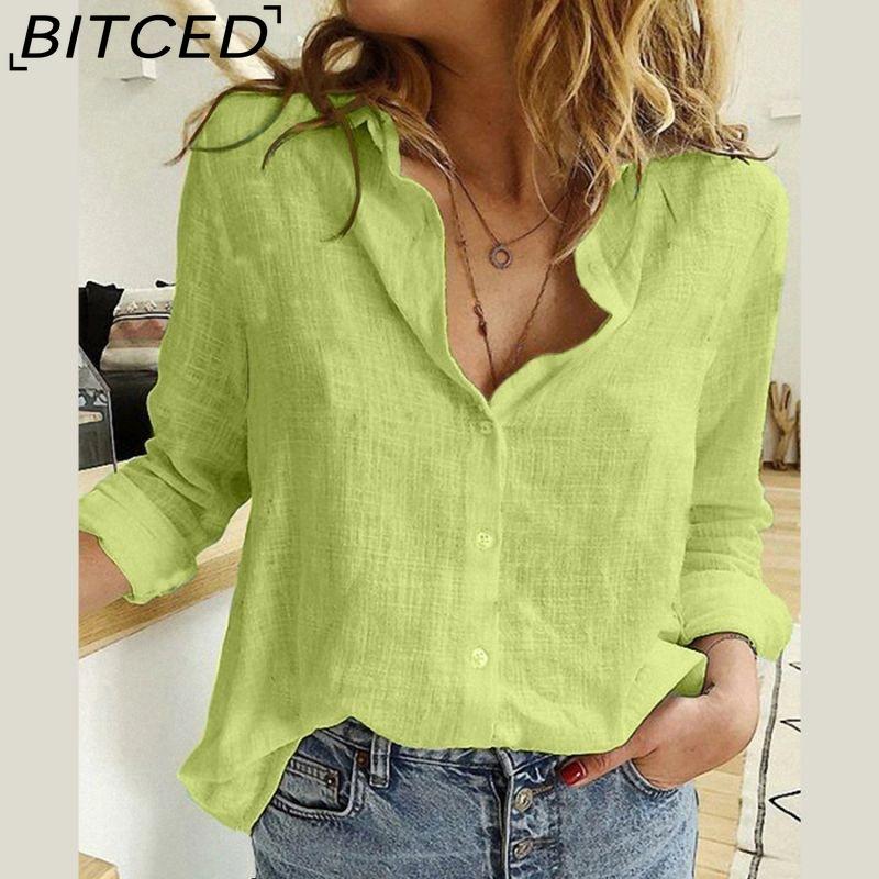 

BITCED Women s Spring/Autumn Solid-Colour Casual Loose-Fit Long-Sleeved Linen Shirt XXXL фарби люмінесцентні зелений колір