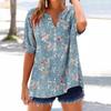 Women's loose printed stand collar short-sleeved cotton and linen top