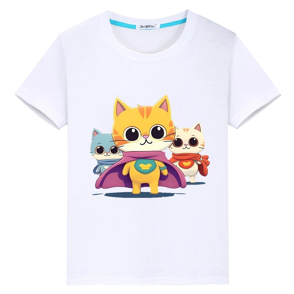 

boy girls clothes Super Kitties Print 100%Cotton T-shirt Summer Short Cute Tops y2k one piece Casual Anime Tees kids clothes 100 белый