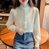 French Lace Stand Collar Chiffon Blouse with Elegant Splicing and Long Sleeves