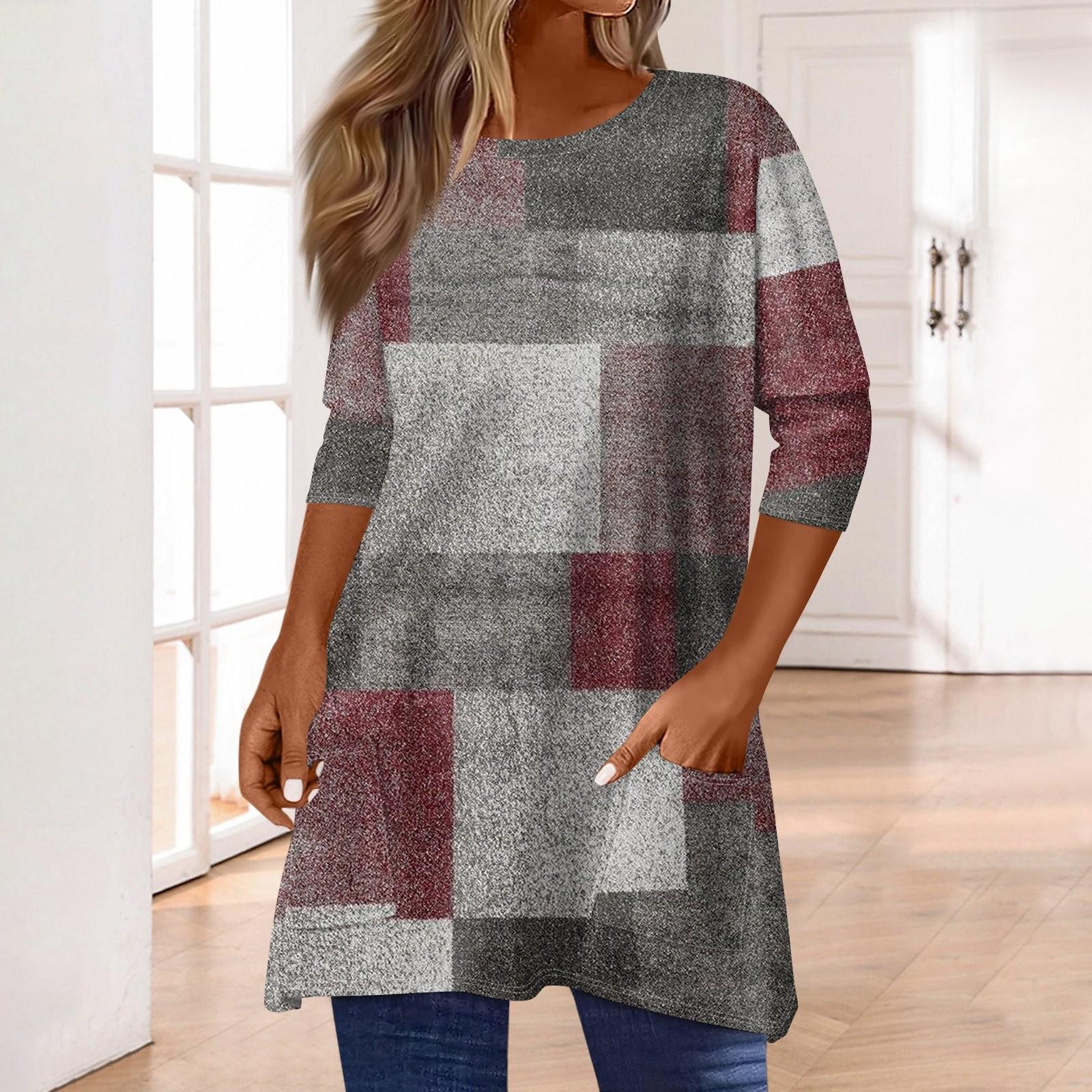 

Жіночі топи з кишенями з рукавом 3/4, футболка, повсякденний принт, топи середньої довжини, футболка, пуловер з круглим вирізом, блузка S винний