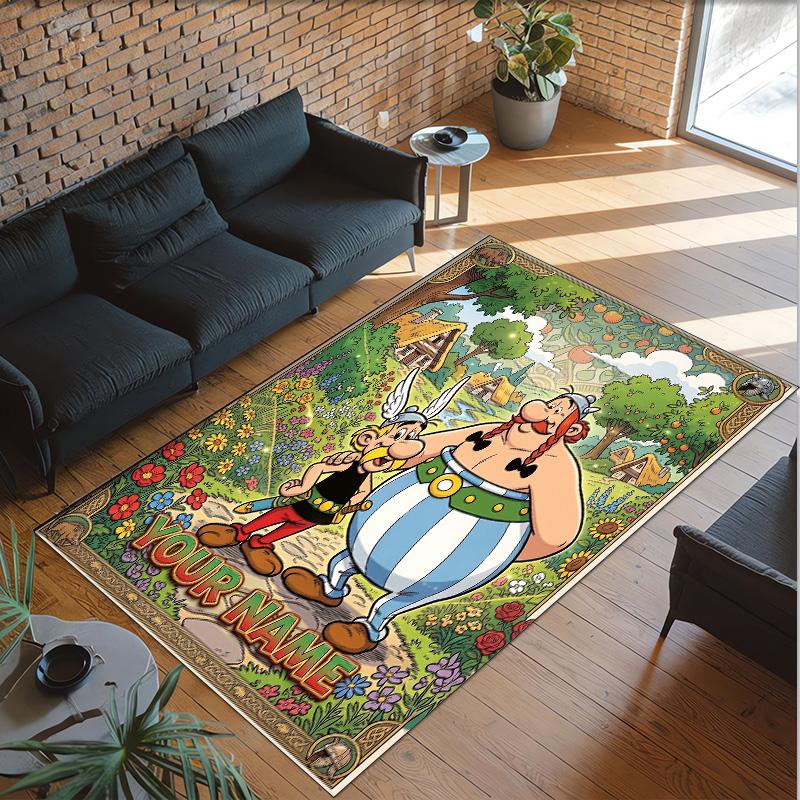 Personalized Crystal Velvet Carpet Custom Name Text,Asterix & Obelix Anti Slip Area Rug For Home Decoration