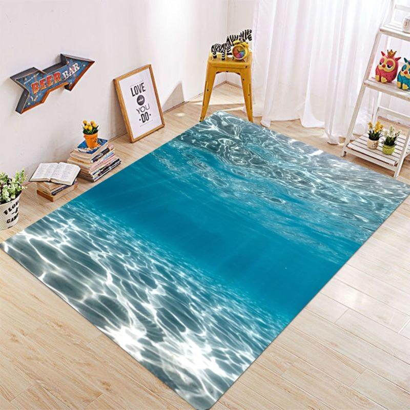 Ocean Water Wave Carpet Mat Rug 3D Effect Blue Sunlight Beach Non-Slip Durable Home Decoration Living Room Kids Room Floor Mat