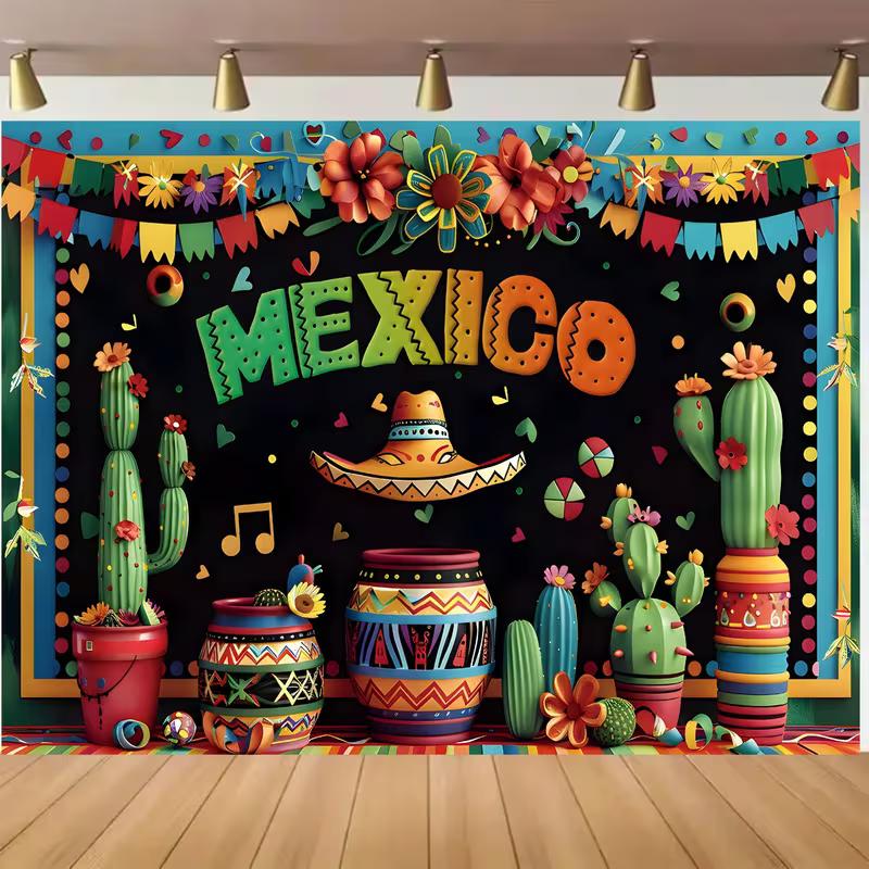 2D Mexican Fiesta Backdrop, Colorful Cactus & Sombrero Party Banner 47.2x31.5inch/120*80cm