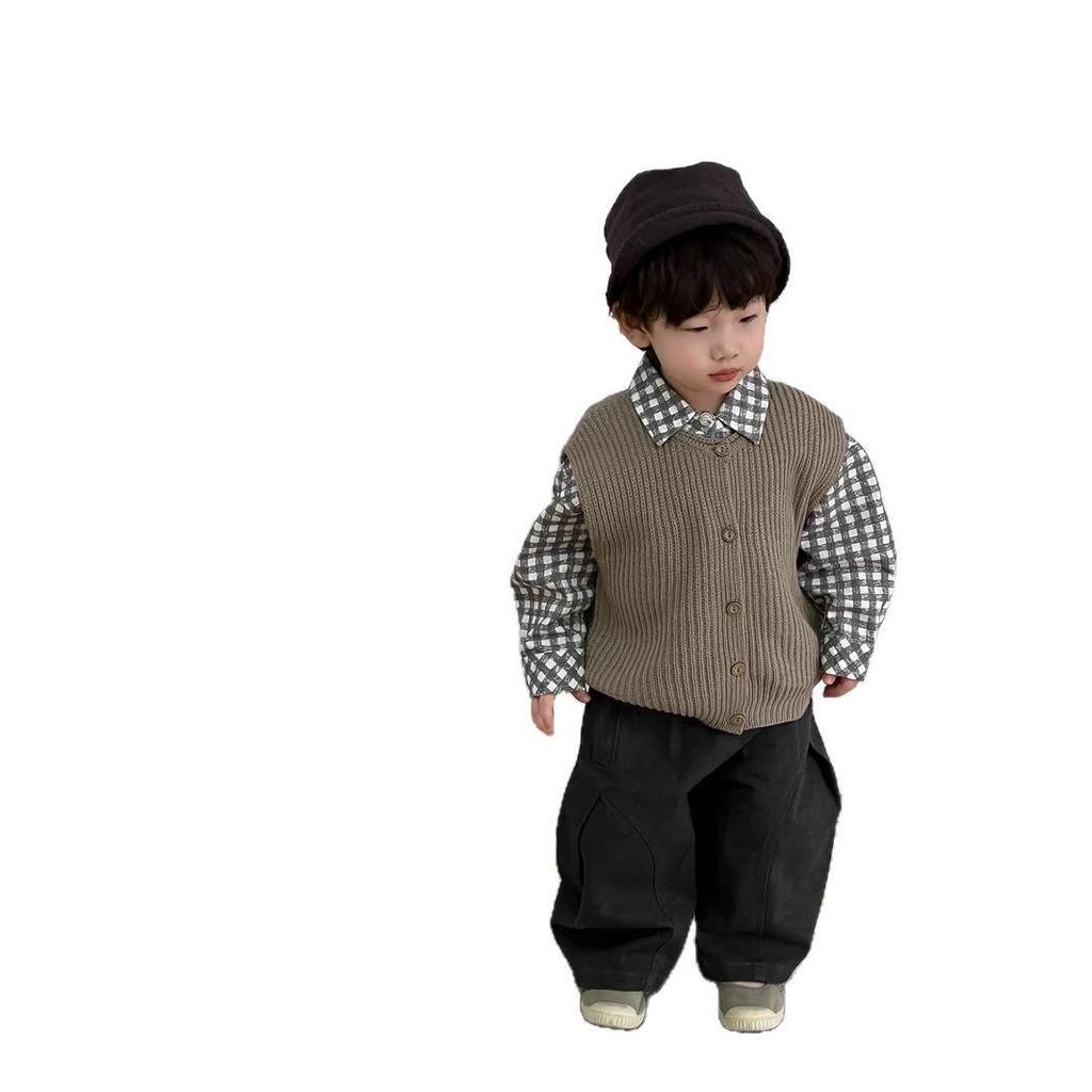 2025 New Korean Style Baby Boy Plaid Shirt & Pants Set with Sweater Vest