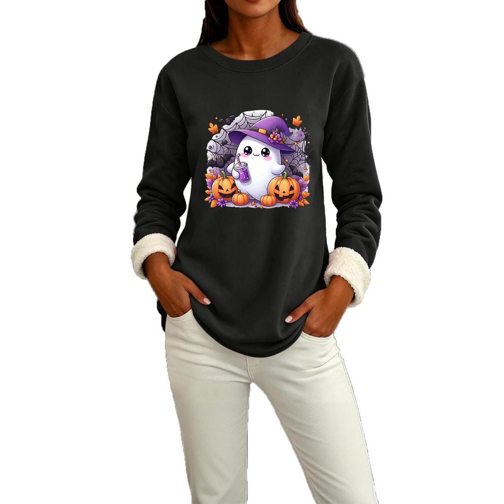 Women's Lined Round Neck Long Sleeve Halloween Print Casual Top for Winter