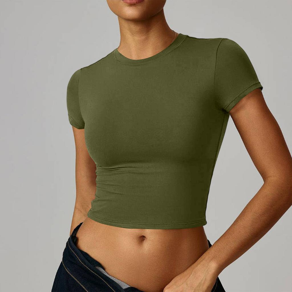 Women Short Sleeve Crew Neck Pullover Casual Fitted Crop T Shirt Basic Lightweight Soft Stretchy Top for Daily Wear