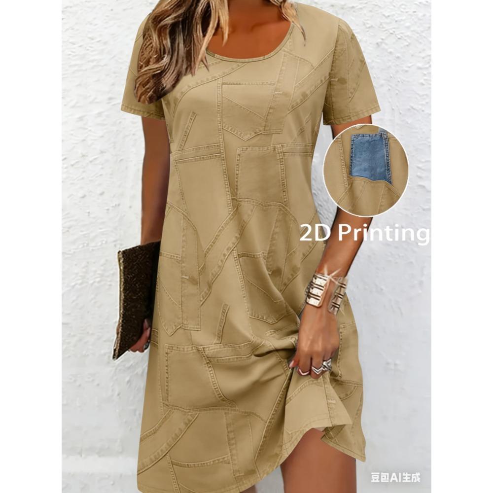 Breathable printed round-neck short-sleeved T-shirt dress