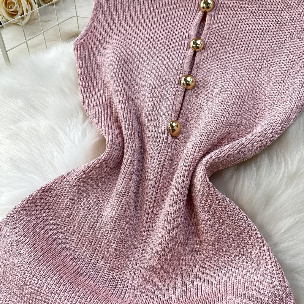 Summer Designer Solid Hollow Out Long Knitting Dress Women Elegant Half Turtleneck Sleeveless Slim Knitwear Sweater Dresses Female