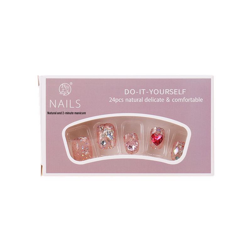 Xiaohongshu Pink Heart Diamond Nail Patches - Short Transparent Wearable Manicure Tips