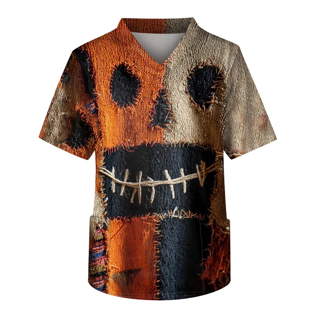 Men's Printing Short Sleeve V-neck Working Blouse Chest Pocket Carer Top