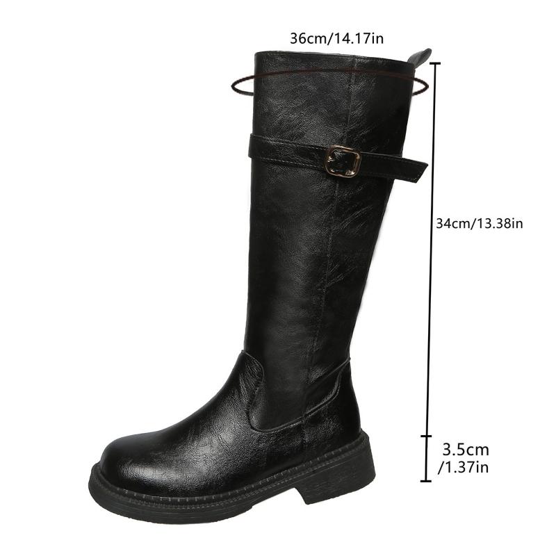 Vintage Black Women Knee High Boots Big Size Low Heels Platform Long Boots Autumn Winter Pu Leather Zip Women Warm Booties