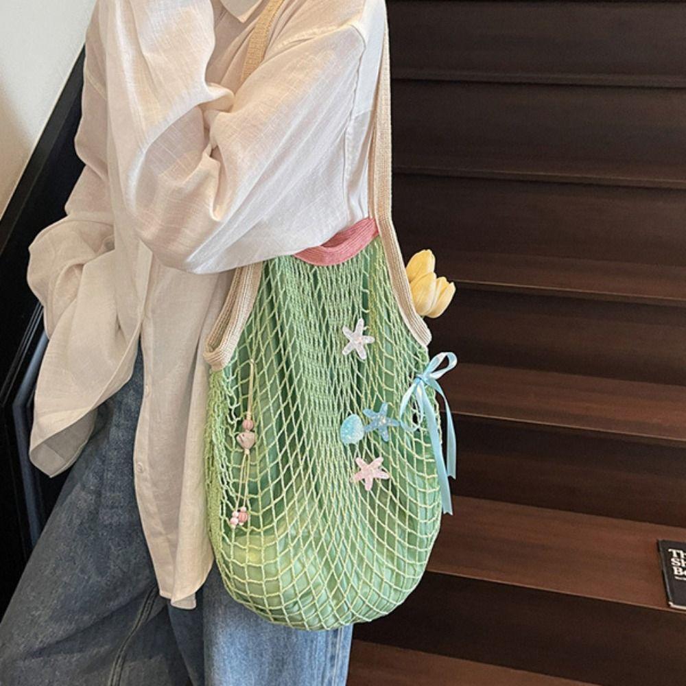 Portable Hollow Woven Shoulder Bag Korean Style Woven Grocery Bag Vacation Beach Bag  Swimming