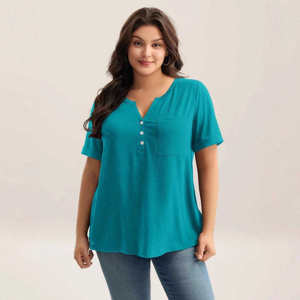 Großformat Damen V-Ausschnitt Knopf Kurzarm Einfarbig Lässig T-Shirt