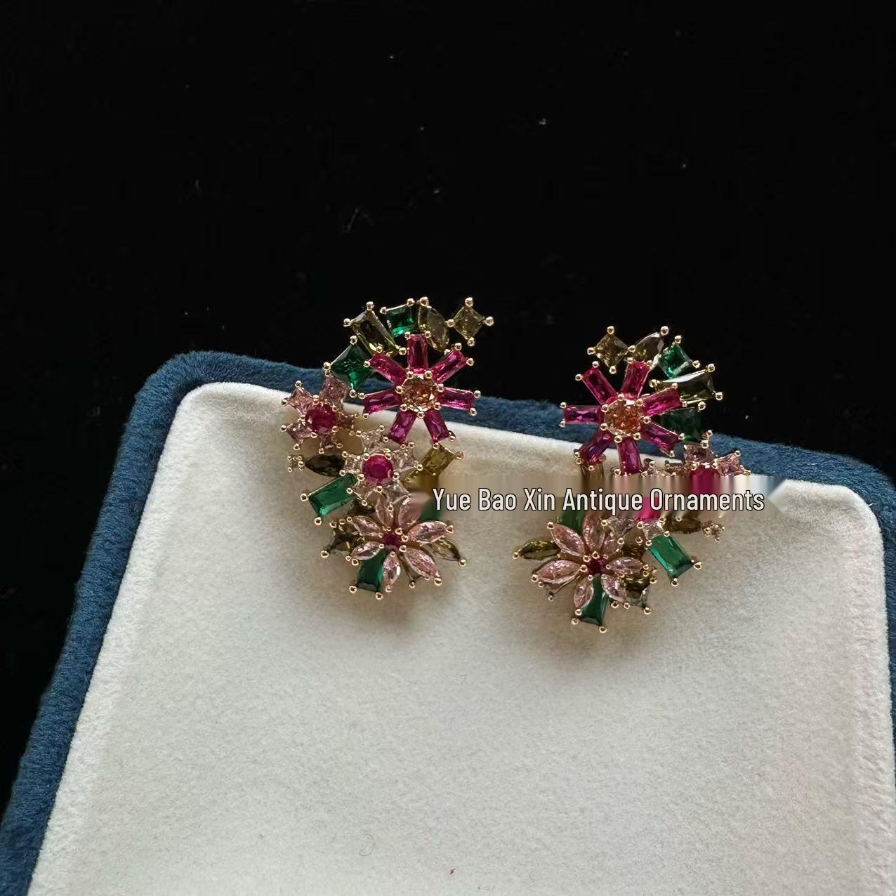 

Vintage Colorful Floral Claw Stud Earrings & 925 Brooch Necklace Set