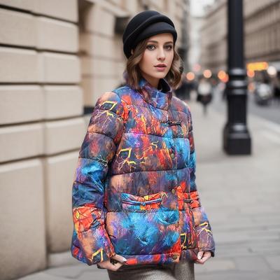 Women Autumn Winter Short Cotton Jacket Printing Padded Coat Thick Warm Loose Outwear Chic Fashion Oversized Single Breasted Pocket Coats