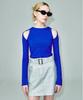 Amadyu Slim Cutout Ribbed Stitch T-Shirt Slim Fit Cutout Top T-Shirt_Blue