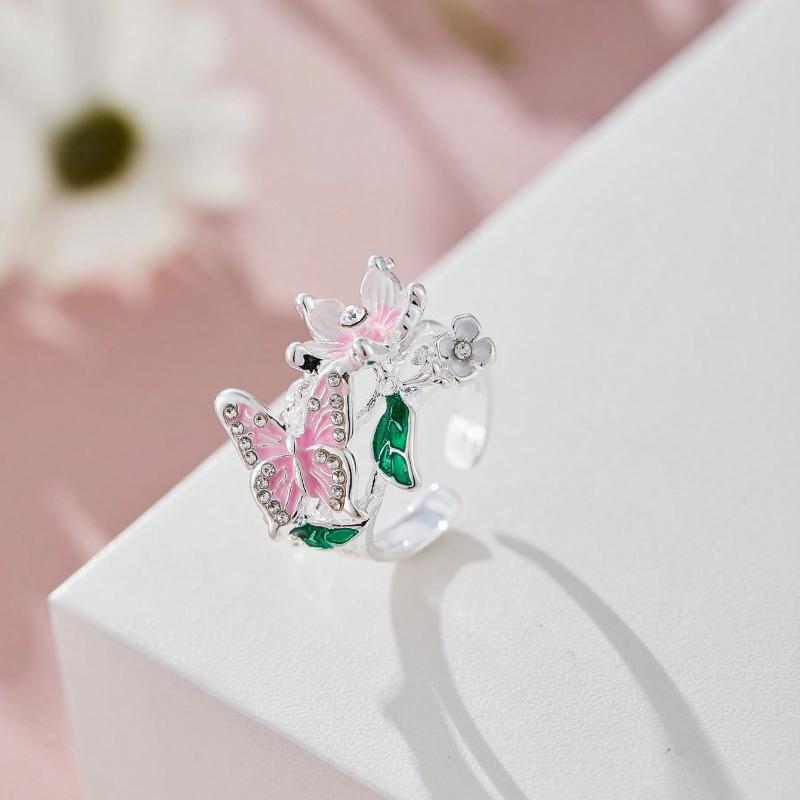 Aesthetic Flower Butterfly Rings for Female Romantic Rhinestone Stylish Non-fading Opening Ring Women Wedding Jewelry Party Gift