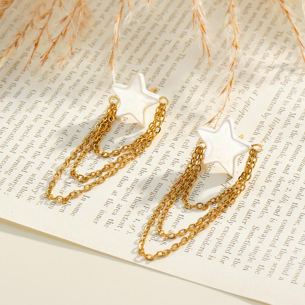 Fashion White Star Stainless Steel Tassel Chain Drop Earrings for Women 18K Gold Color Waterproof Dangle Jewelry Party Gifts