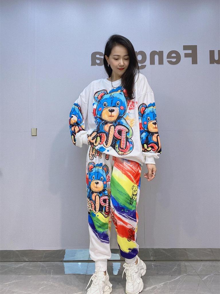 European & American Women's Autumn Round Neck Long Sleeve Hoodie and Pant Set with Rhinestone Print - Plus Size Available