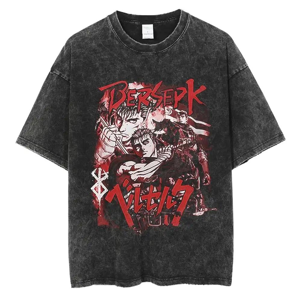 Oversized Acid-Wash Short-Sleeve T-Shirt Featuring Berserk Guts (Black Swordsman) Graphic Print, With Brand of Sacrifice Emblem & Philosophical Quote