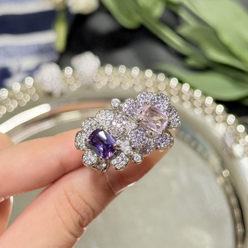 Purple Diamond Open Flower Ring - Elegant & Versatile Double Flower Design for Women Adjustable Size