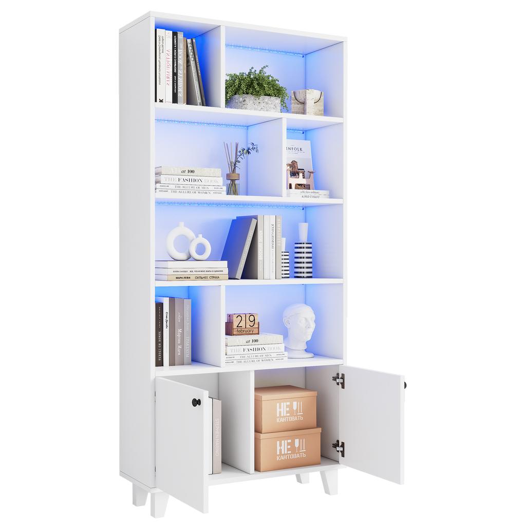 80x30x173cm Bookshelf, Solid Wood Legs, Multiple Storage Compartments, Double Doors, LED Color-Changing Ambient Light, App Control, White