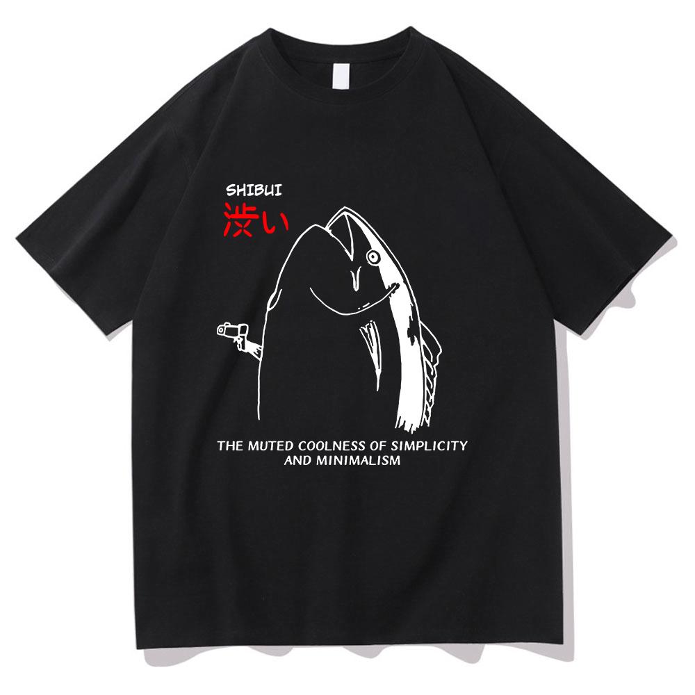 Harajuku Style Lovely Autumn All-purpose Top Fun Japanese Fish and Gun Design T-shirt Couples Unisex Cotton Design T-shirt