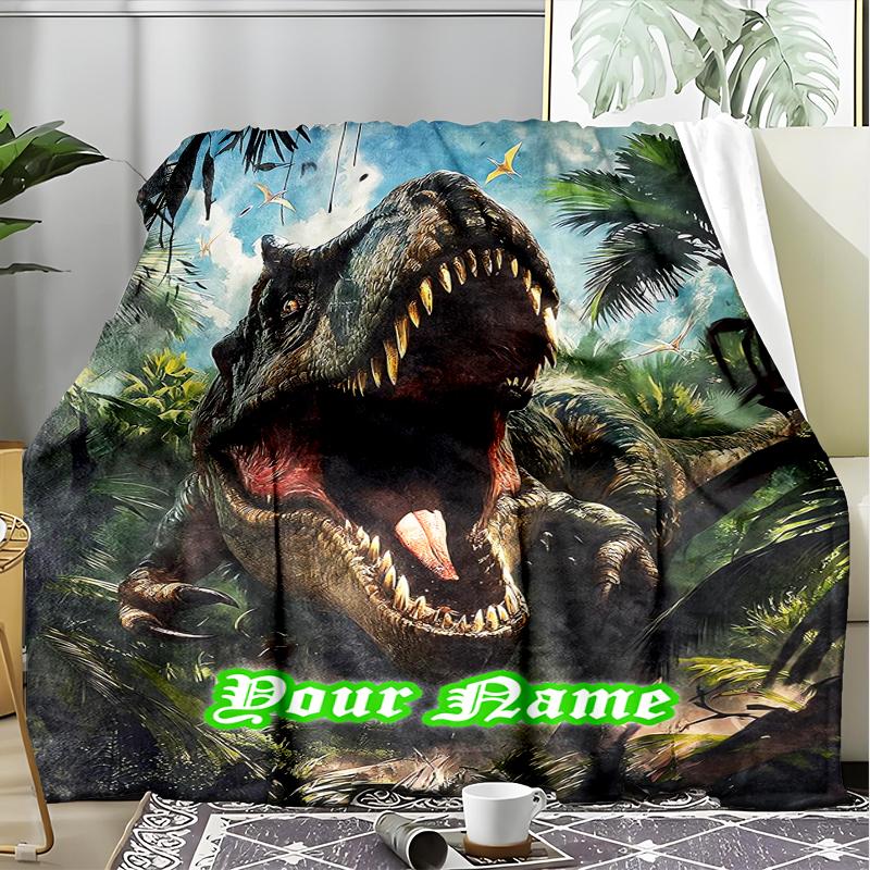 1PC Custom Name Dinosaur Adventure Wild outdooor Flannel blankets Patterns Throw Blanket All-Season Soft Gift for Couch, Bed, Camping gifts