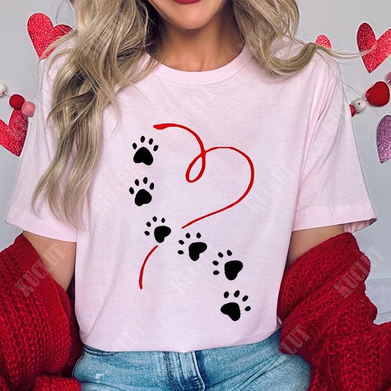 Funny Heart  Dog Paw Print Women Tshirts Fashion Summer Ladies Tshirts Short Sleeves Clothes Love Heart Fashion Casual Shirts
