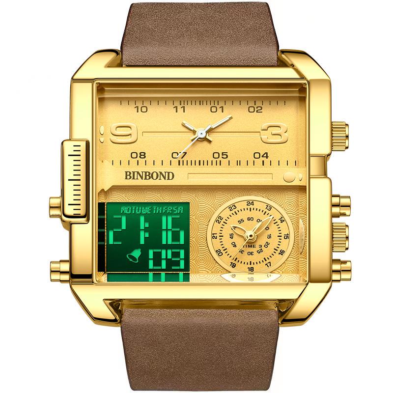 Binbang Fashion Men's Domineering Quartz Watch with Large Square Dial and Triple Display