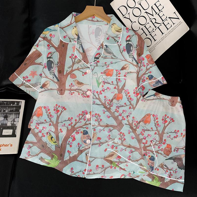 Niche Light Luxury Ice Silk Pajamas Women S Summer Pastoral Bird Print Short-Sleeved Set Loungewear M