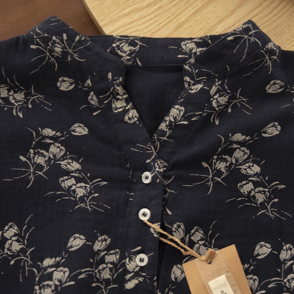 Chemise en Coton et Lin à Manches Longues et Décolleté en V Florale Gorge d'Hiver – Style Printanier Élégant pour Femme