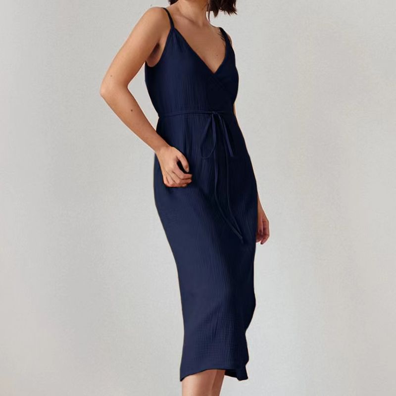 

New Arrival French Sexy Double Crepe Sling Backless Dress Suspender Backless Dress Blue M