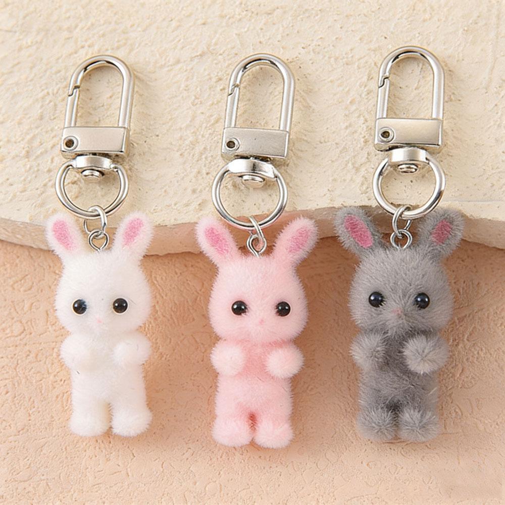 3pcs/set Cute Flocking Rabbit Keychain 3D Animals Pendant Headphone Case Charm Bag Decor Car Key Ring Jewelry Gift