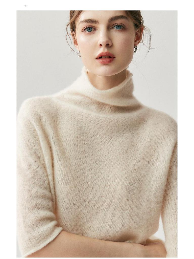 2025 Women's Autumn/Winter Herbalife Cashmere High-Neck Rolled Edge Half-Sleeve Sweater