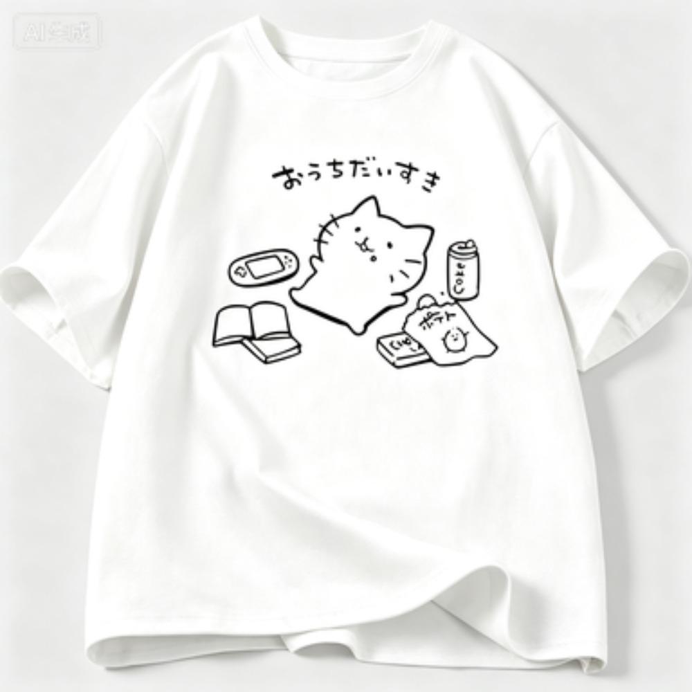 Japanese Style No Plan Cat Print Tshirt For Unisex Wounisex Funny Cotton Short Sleeve Summer Loose Tshirt Kawaii Kitty Cat Lover Tees