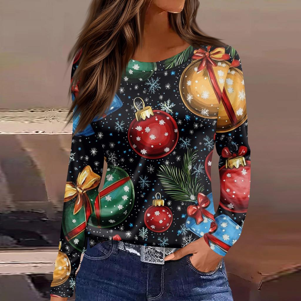 3D Santa Claus Head Printed Round Neck Long Sleeve T-shirt Fashion Casual Long Sleeve Top