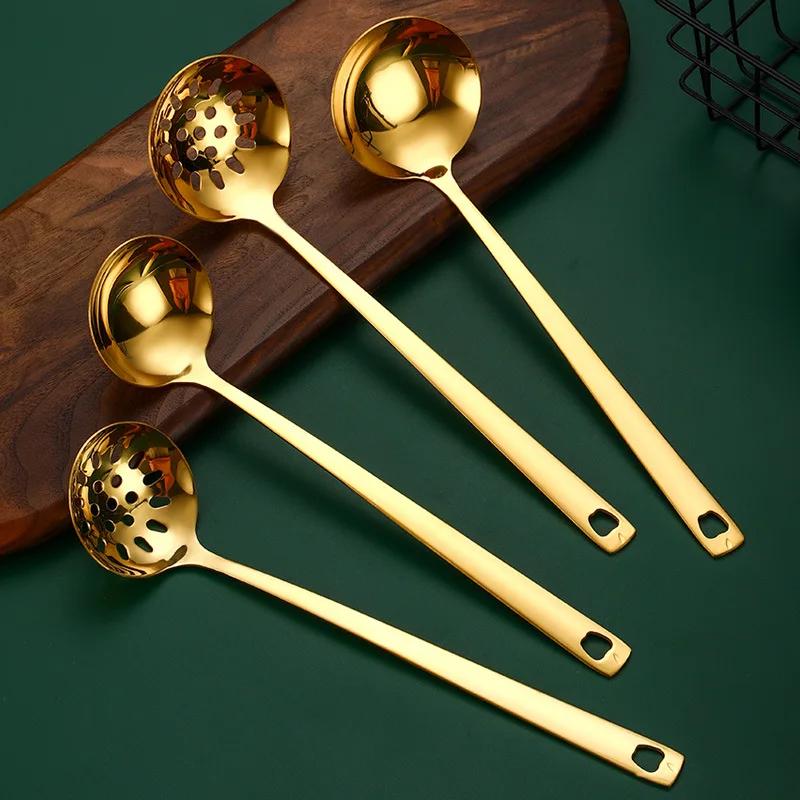 Spoon Colander Stainless Steel Long Handle Household Thickened Golden Hot Pot Spoon Golden Deepened Soup Shell Colander.